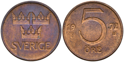 Швеция 5 эре 1972 Густав VI Адольф (1950-1973) KM 845 бронза 4598-1233