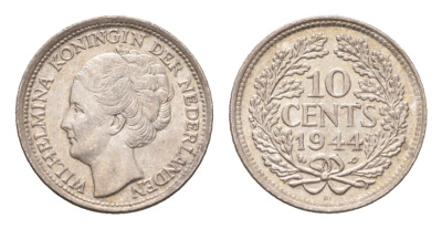 Нидерланды 10 центов 1944 Вильгельмина (1890-1948) KM 163 серебро aUNC 4669-1213