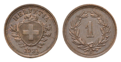 Швейцария 1 раппен 1931 B KM 3.2 бронза aUNC 46-551