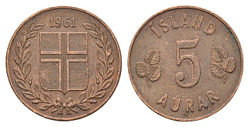 Исландия 5 эйре 1961 KM 9 бронза aUNC 4591-134