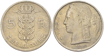 БЕЛЬГИЯ 5 ФРАНКОВ 1950 BELGIQUE, БОДУЭН I (1951-1993) KM 134.1 медно-никель 4546-316