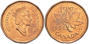 Канада 1 цент 1994 Елизавета II (1952-2022), кленовый лист KM 181 бронза 187-418