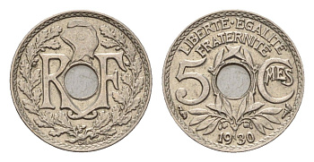 Франция 5 сантимов 1930 KM 875, Le Franc 122.13 медно-никель 4630-234