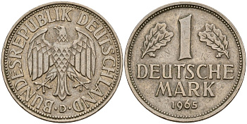 ФРГ 1 марка 1965 D KM 110, J. 385 медно-никель 4159-1053