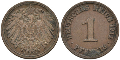 Германия 1 пфенниг 1911 A KM 10, J. 10 медь 4576-159