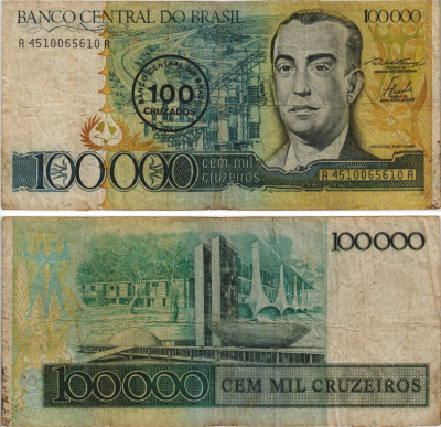 БРАЗИЛИЯ 100 КРУЗАДО 1986 НАДПЕЧАТКА НА 100000 КРУЗЕЙРО Pick 208 бумага 8605-35-4-2