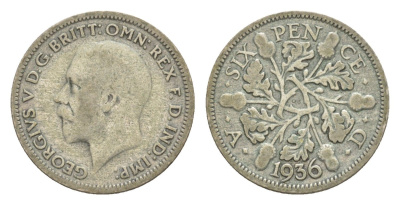 Великобритания 6 пенсов 1936 Георг V (1910-1936) KM 832, Spink 4040 серебро 34-354