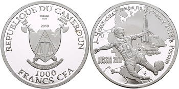 Камерун 1000 франков 2018 чемпионат мира по футболу - 2018, Россия, Самара серебро KM NEW PROOF 1088-2-52