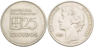 ПОРТУГАЛИЯ 25 ЭСКУДО 1981 KM 607а медно-никель 4517-415