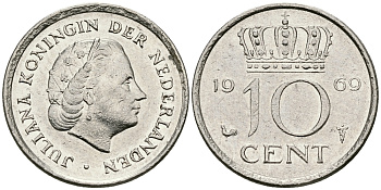 Нидерланды 10 центов 1969 Юлиана (1948-1980) KM 182 никель 96-354