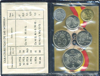 Испания официальный набор из 6 монет (50 сентимов; 1, 5, 25, 50 и 100 песет) 1980 чемпионат мира по футболу в Испании 1982 года KM MS11 (815, 816, 817, 818, 819 и 820)  UNC 5-4-3-68