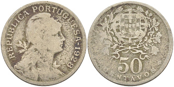 Португалия 50 сентаво 1928 голова Свободы вправо KM 577 медно-никель 219-845