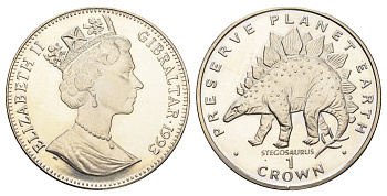 Гибралтар 1 крона 1993 Заповедник планета Земля - Стегозавр (динозавр) KM 151 медно-никель BU 1524-1711