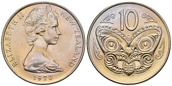 Новая Зеландия 10 центов 1970 Елизавета II (1952-2022), маска маори KM 41.1 медно-никель  UNC  4177-1217