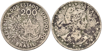 Бразилия 200 рейс 1901 голова свободы вправо KM 504 медно-никель 4589-1033