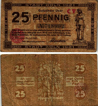 КЁЛЬН 25 ПФЕННИГОВ 1921 13 ИЮЛЯ 1921, НОТГЕЛЬД, ЗЕМЛЯ СЕВЕРНЫЙ РЕЙН-ВЕСТФАЛИЯ, СЕРИЯ CV Keller К30.18b бумага 6318-28-1-2