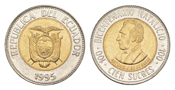 Эквадор 100 сукре 1995 200 лет со дня рождения Антонио Хосе де Сукре KM 96 биметалл UNC 4651-564