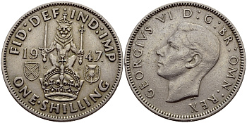 Великобритания 1 шиллинг 1947 Георг VI (1936-1952), Шотландский герб KM 864, Spink 4104 медно-никель 83-834