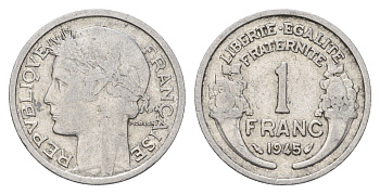 Франция 1 франк 1945 KM 885a алюминий 186-225