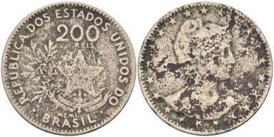 Бразилия 200 рейс 1901 голова свободы вправо KM 504 медно-никель 4589-1033