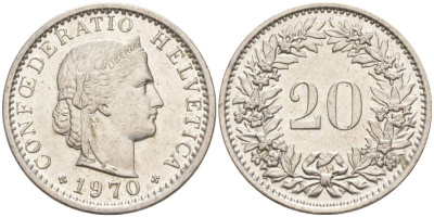 Швейцария 20 раппенов 1970 KM 29a медно-никель 55-924