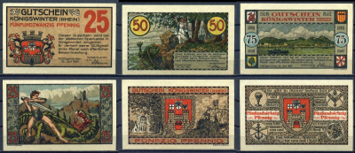 Кенигсвинтер (Германия) набор из 3 банкнот (25, 50 и 75 пфеннигов) 1921 DeNG 1/2 731.1-1/3, 2/3, 3/3 бумага UNC (пресс) 7556-8-4-1