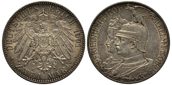 Пруссия 2 марки 1901 A, 200 лет Прусской королевской династии (Фридрих I - Вильгельм II) J.105, Weege 105, KM 525 серебро 3711-1012
