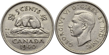 КАНАДА 5 ЦЕНТОВ 1940 БОБЁР, ГЕОРГ VI KM 33 никель 27-514