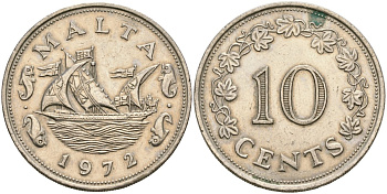 Мальта 10 центов 1972 баржа Великого магистра KM 11 медно-никель 4137-836