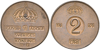 Швеция 2 эре 1969 U, Густав VI Адольф (1950-1973) KM 821 бронза 4364-1411