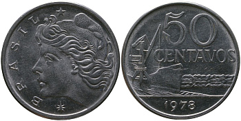 Бразилия 50 сентаво 1978 голова свободы влево KM 580b, Schon 85b нержавеющая сталь aUNC 4577-1232