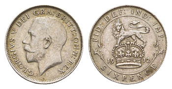 Великобритания 6 пенсов 1912 Георг V (1910-1936) KM 815, Spink 4014 серебро    4658-1128