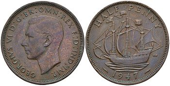 Великобритания 1/2 пенни 1947 Георг VI (1936-1952) KM 844, Spink 4115 бронза 4143-633