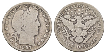 США 1/2 доллара (50 центов) 1907 D, 50 центов Барбера KM 116 серебро    5010-1645