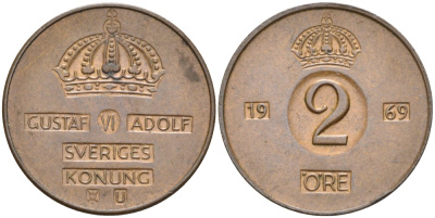 Швеция 2 эре 1969 U, Густав VI Адольф (1950-1973) KM 821 бронза 4364-1411