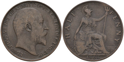 Великобритания 1/2 пенни 1904 Эдуард VII (1901-1910) KM 793.2, Spink 3991 бронза 4146-116