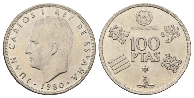 Испания 100 песет 1980 (80) Чемпионат мира по футболу 1982, Испания KM 820 медно-никель UNC 3460-146