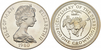 Остров Мэн 1 крона 1980 200 лет дерби, ипподромные скачки KM 63a серебро PROOF 11-037-12