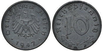 Германия 10 рейхспфеннигов 1947 F, оккупация Германии союзными войсками J. 375, KM A104 цинк 72-1516