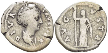 Римская Империя денарий 145 - 146 Фаустина Старшая, жена Антонина Пия (посмертная чеканка), DIVA FAVSTINA / AVGVSTA, Рим, fine RIC 362 серебро 1073-5-3-5