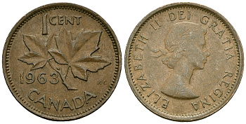 Канада 1 цент 1963 Елизавета II (1952-2022), кленовый лист KM 49 бронза 4173-1157