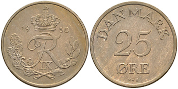 Дания 25 эре 1950 N,S, Фредерик IX (1947-1972) KM 842.1 медно-никель UNC 106-226