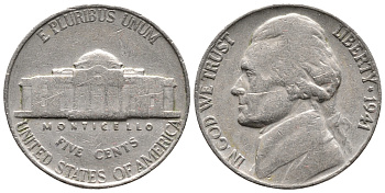 США 5 ЦЕНТОВ 1941 ДЖЕФФЕРСОН KM 192 медно-никель 4364-611