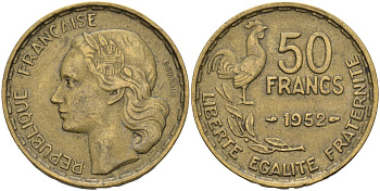 Франция 50 франков 1952 B, петух KM 918.1, Le Franc 425.5 алюминиевая бронза 4607-534