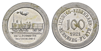 Нюрнберг - Фюрт 100 пфеннигов 1921 юбилейный жетон железной дороги - первый немецкий паровоз алюминий aUNC 4548-354