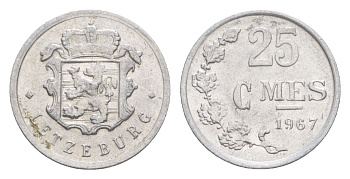Люксембург 25 сантимов 1967 Герцог Жан (1964-1999) KM 45a алюминий 4643-428