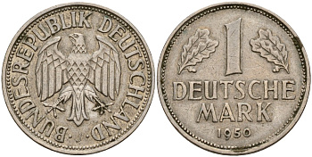 ФРГ 1 марка 1950 J KM 110, J. 385 медно-никель 4159-1027