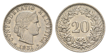 Швейцария 20 раппенов 1931 B KM 29 никель 4625-962
