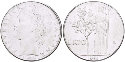 ИТАЛИЯ 100 ЛИР 1981 R, АФИНА KM 96.1 нержавеющая сталь 4526-336