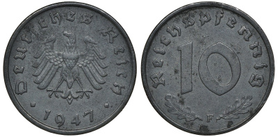 Германия 10 рейхспфеннигов 1947 F, оккупация Германии союзными войсками J. 375, KM A104 цинк 72-1516